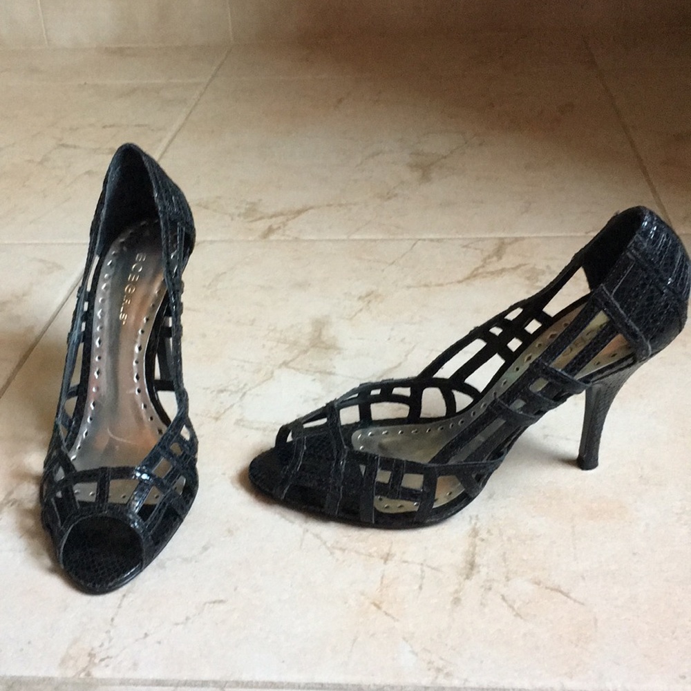 BCBGirls Peep Toe Black Snakeskin Heels